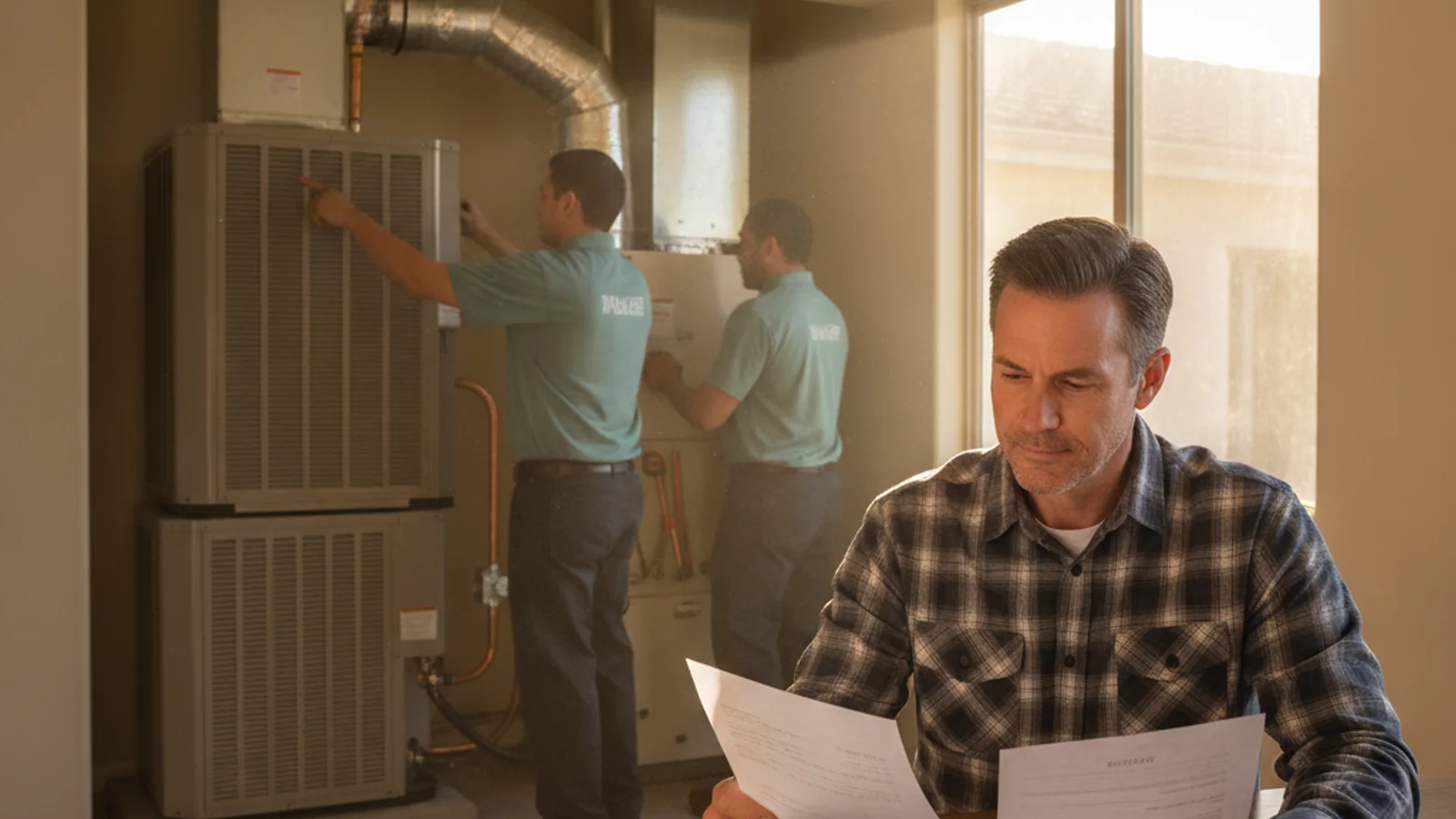 Homeowner reviewing a written HVAC repair estimate against a system replacement quote