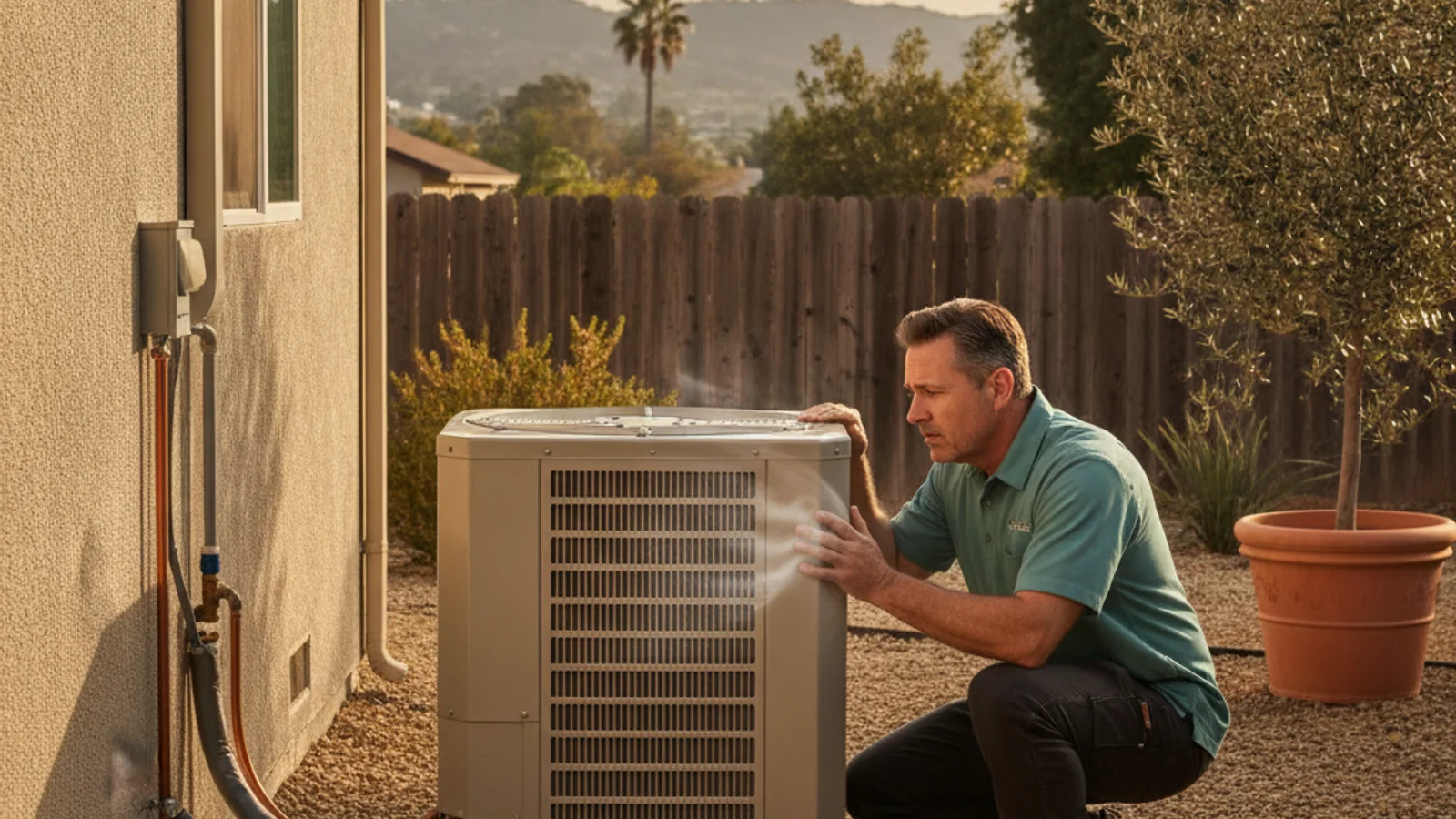Homeowner inspecting an outdoor AC condenser that is making a banging noise in a San Diego backyard
