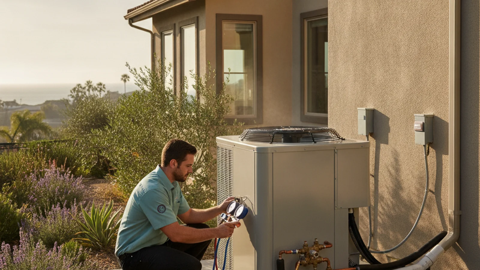 HVAC technician inspecting an outdoor condenser on a San Diego home where the AC is blowing warm air