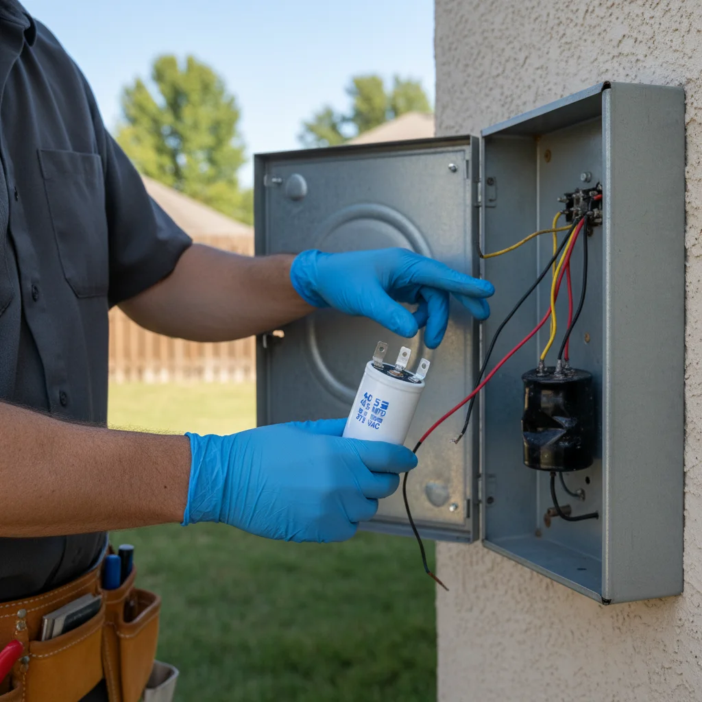 A Climate Pros technician holds a new AC capacitor next to an open air conditioner unit in San Diego.