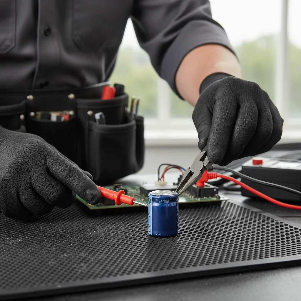A close-up view of a failed AC capacitor with a bulging, domed top.