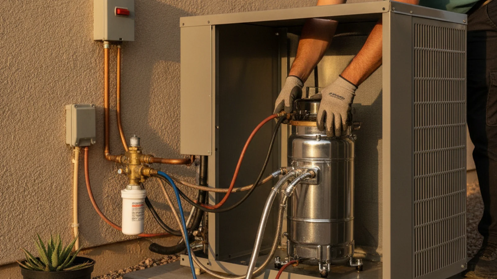 HVAC technician replacing the compressor in an outdoor central AC condenser unit