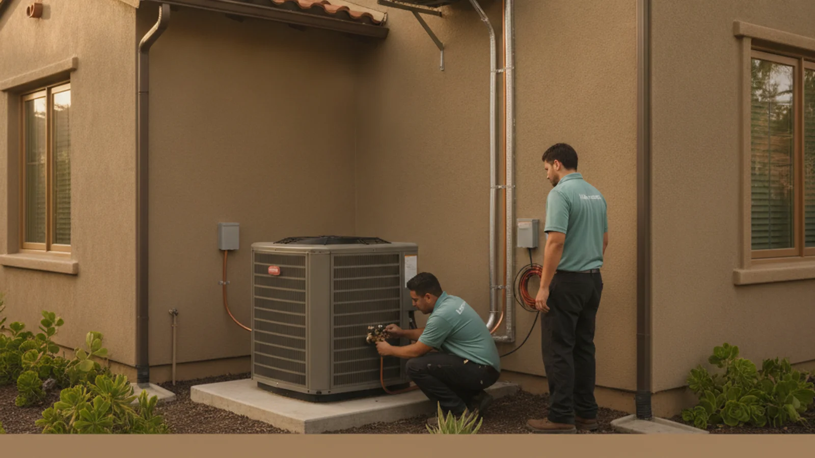 A new central air conditioner condenser installed on a concrete pad beside a 2,000 square foot San Diego home
