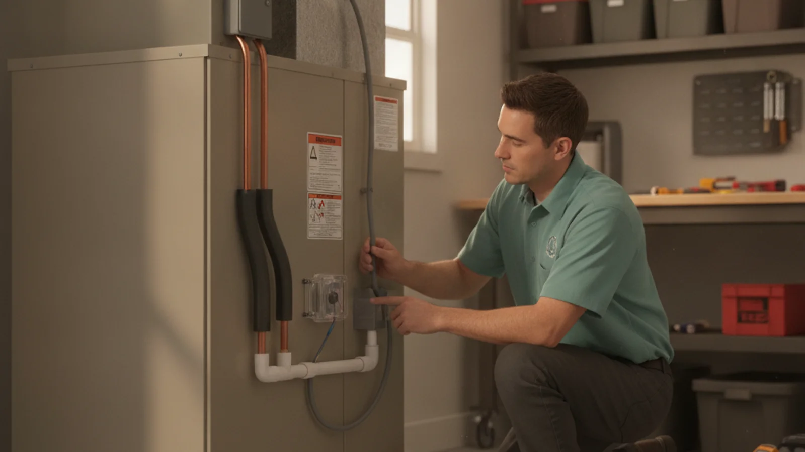 HVAC technician inspecting a PVC condensate drain line and float switch on an indoor air handler in a San Diego garage