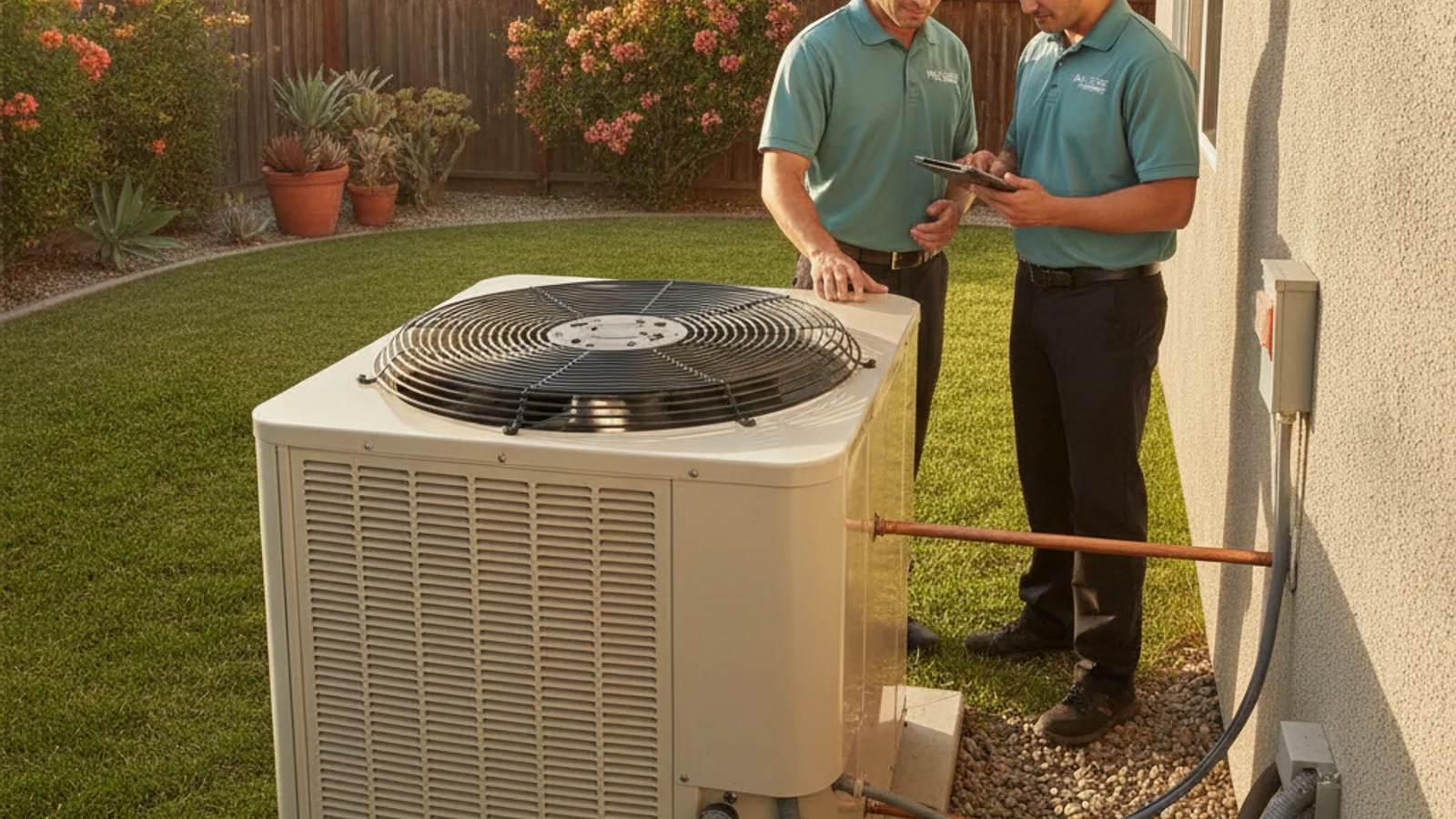 Outdoor AC condenser with the top fan grille visible against a San Diego backyard.