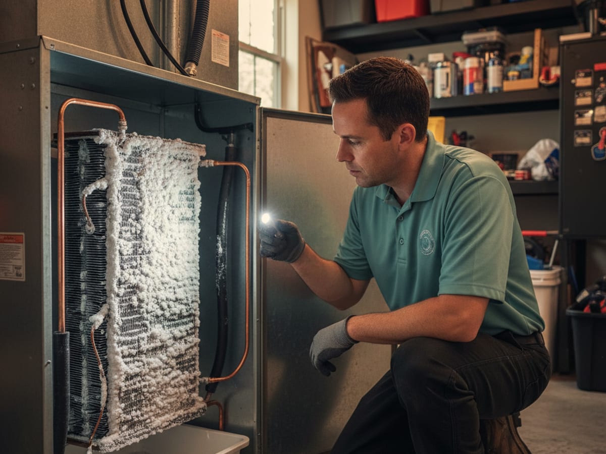 HVAC technician shining a flashlight into an open indoor air handler cabinet revealing ice buildup on the evaporator coil