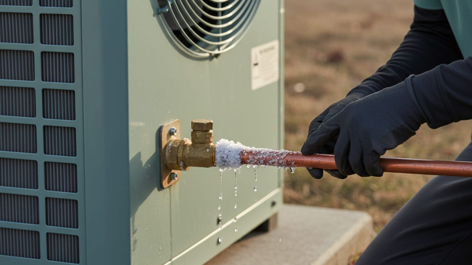 Close-up of thick ice built up on a copper refrigerant line leading from an outdoor AC condenser unit indicating a frozen coil