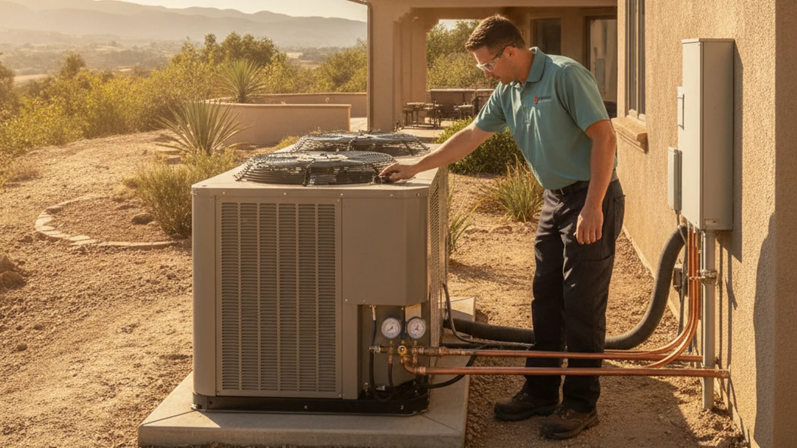 HVAC technician inspecting an outdoor condenser unit at a rural inland San Diego estate property during extreme summer heat