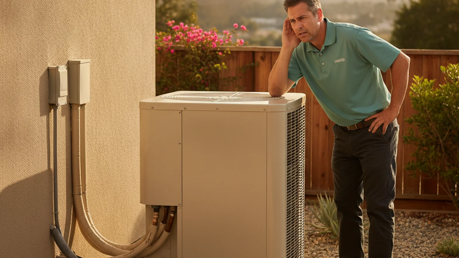 Homeowner listening for a hissing noise from an outdoor AC unit in a San Diego backyard
