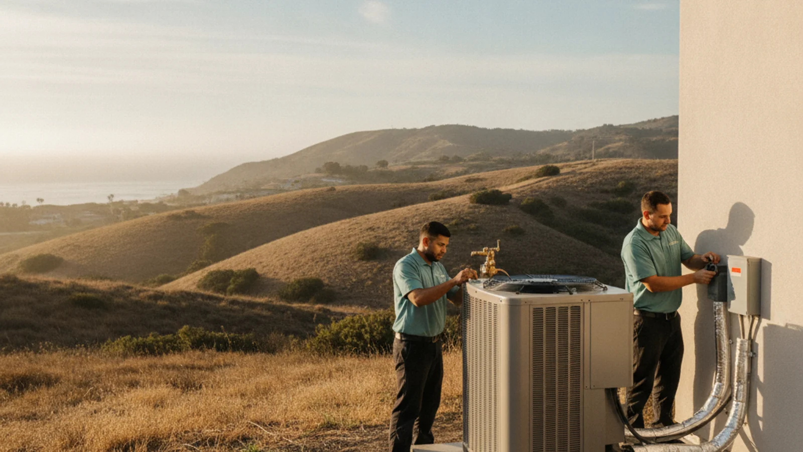 New coastal-rated AC condenser installed at a Carlsbad home with the La Costa hills terrain and a partial ocean view in the background