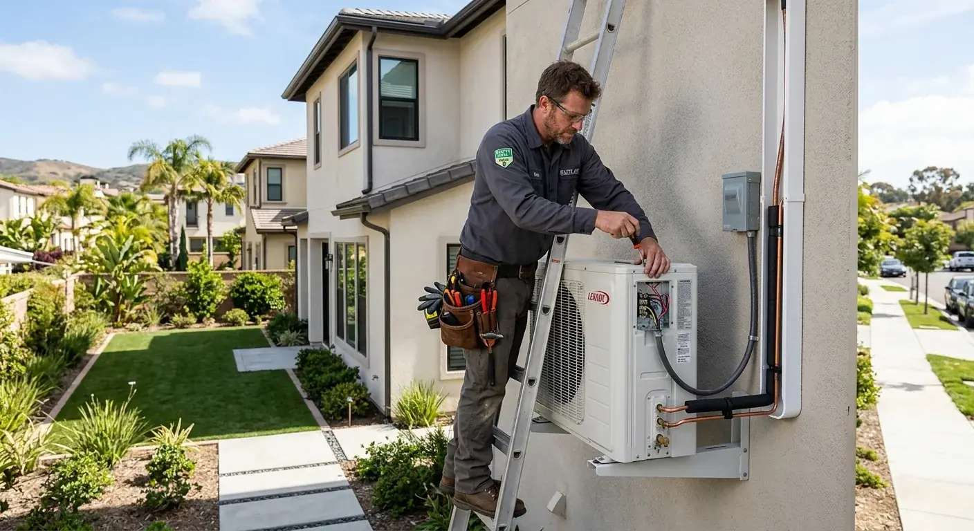Una nueva unidad de AC siendo instalada en el lateral de una moderna casa de dos pisos en un vecindario de Eastlake, Chula Vista.