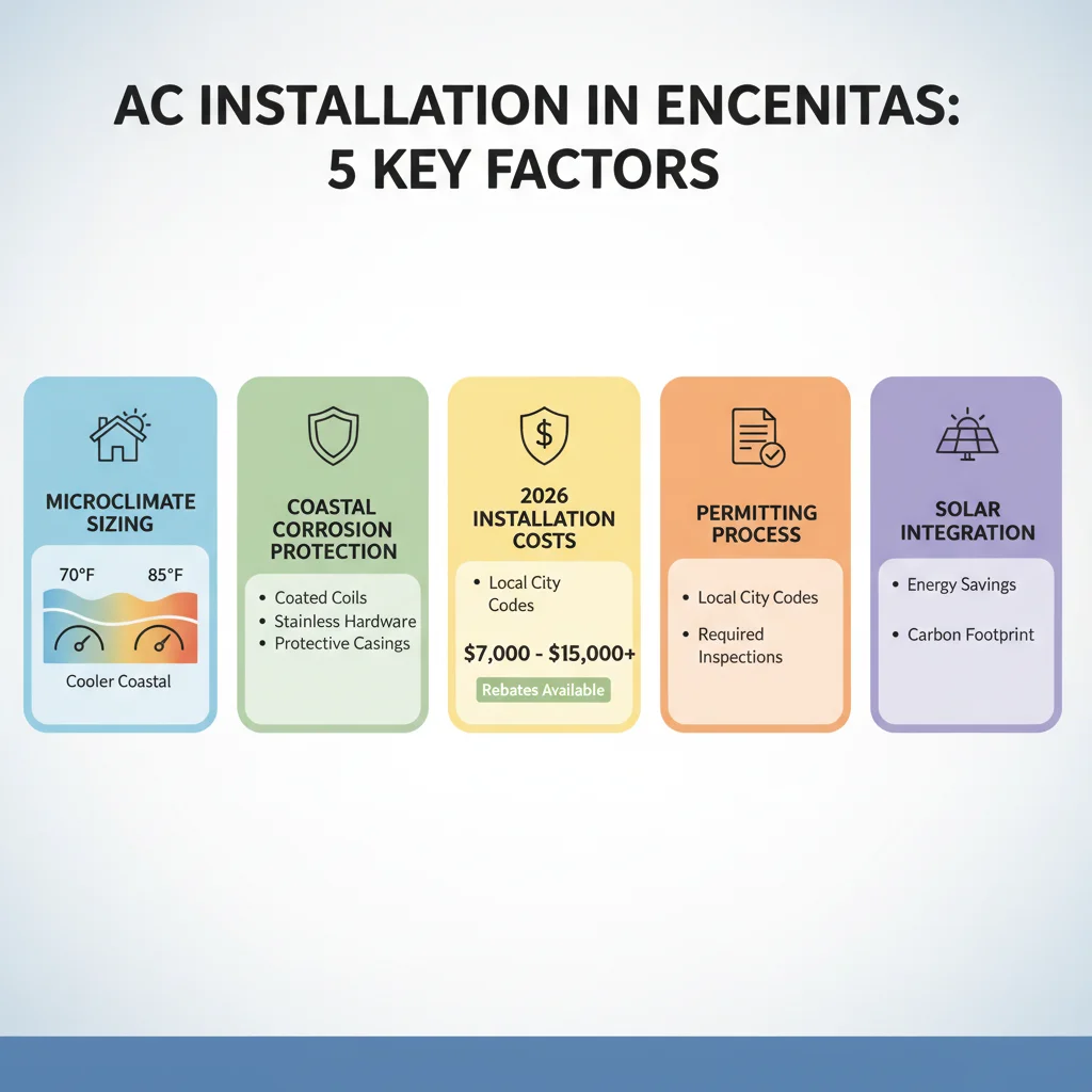 Infographic showing 2026 AC installation costs in Carlsbad for coastal-rated equipment, comparing single-stage, two-stage, and heat pump options