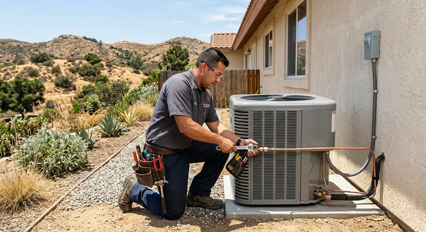 New AC condenser being installed beside a two-story San Marcos home with the San Elijo Hills terrain visible in the background
