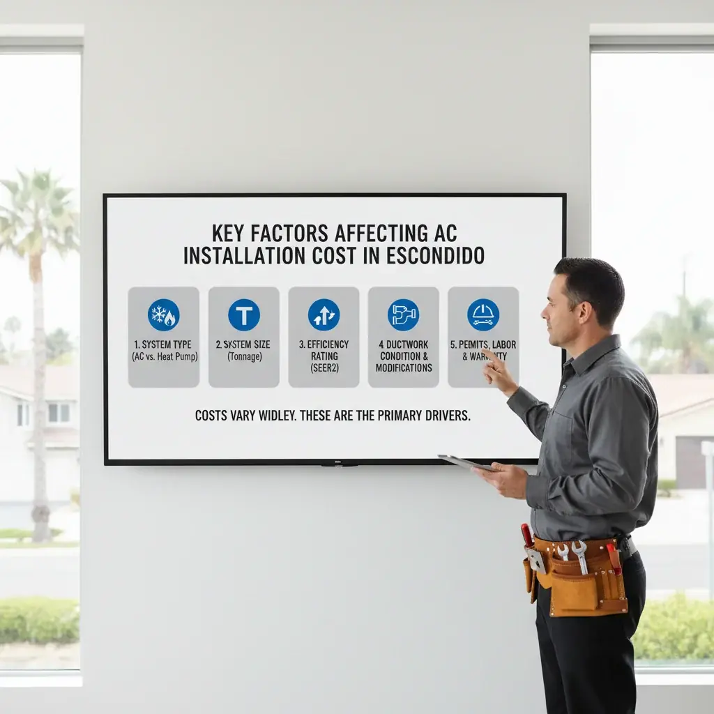Infographic showing 2026 AC installation costs in San Marcos by system type and size, including single-stage, two-stage, and heat pump options