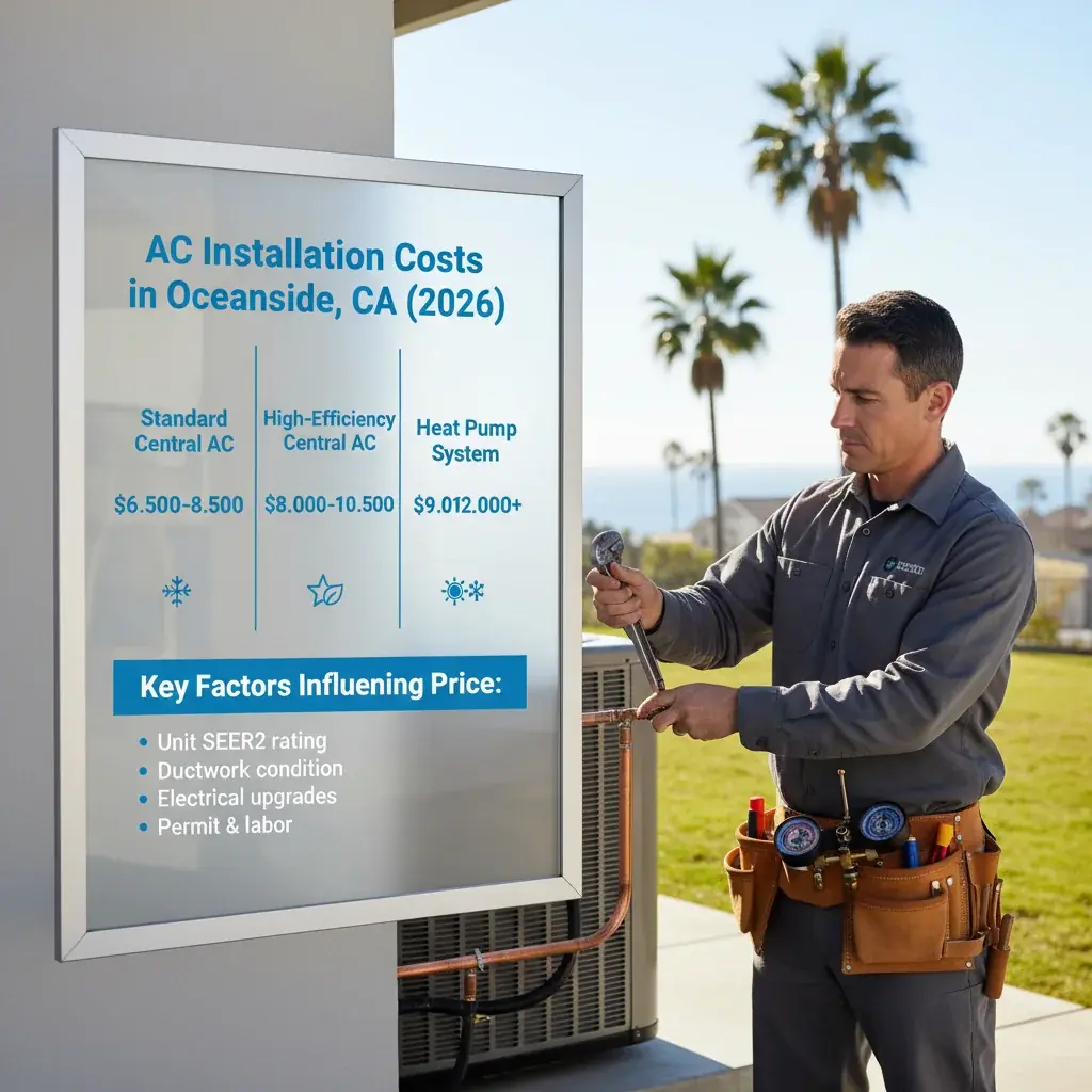 Infographic titled 'AC Installation Costs in Oceanside, CA (2026)' showing cost ranges for standard central AC, high-efficiency central AC, and heat pump systems, along with factors affecting price.