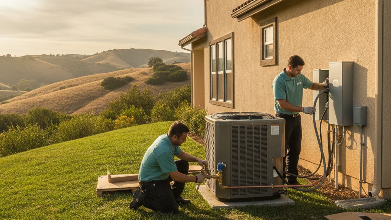 New AC condenser being installed beside a two-story San Marcos home with the San Elijo Hills terrain visible in the background