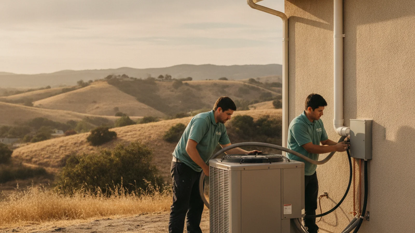 New heat pump condenser being installed at a Vista California home with North County rolling hills in background