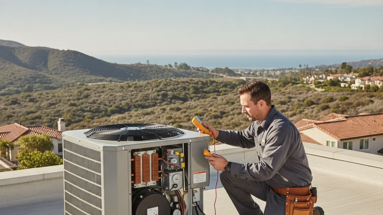 Outdoor condenser unit beside a Carlsbad home with visible coastal weathering on the cabinet