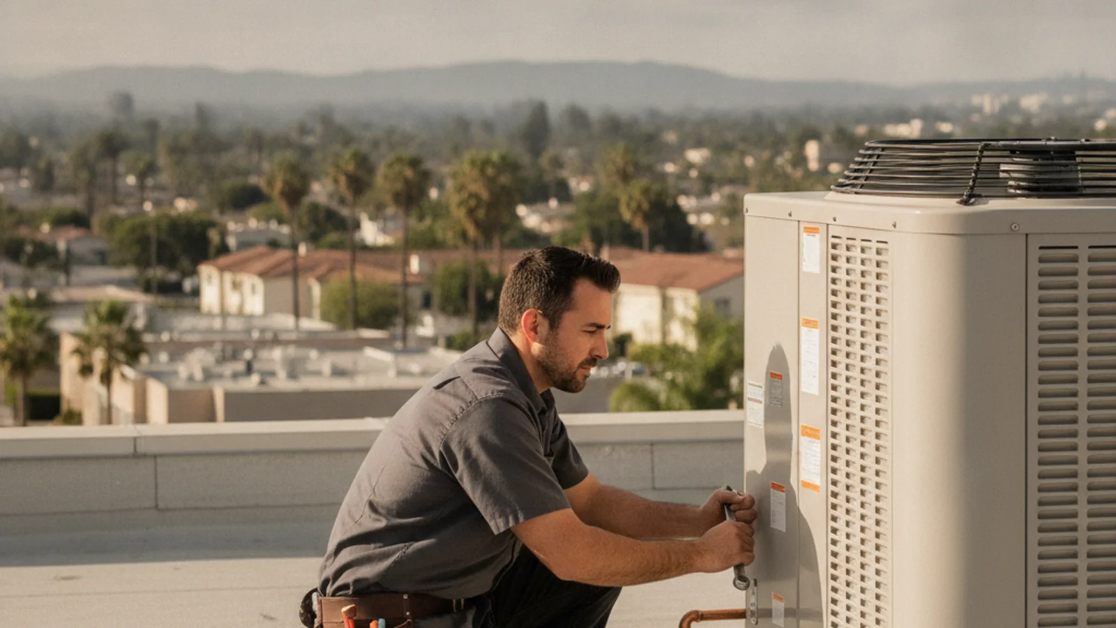 Rooftop package HVAC units on a mid-rise building in Kearny Mesa, San Diego
