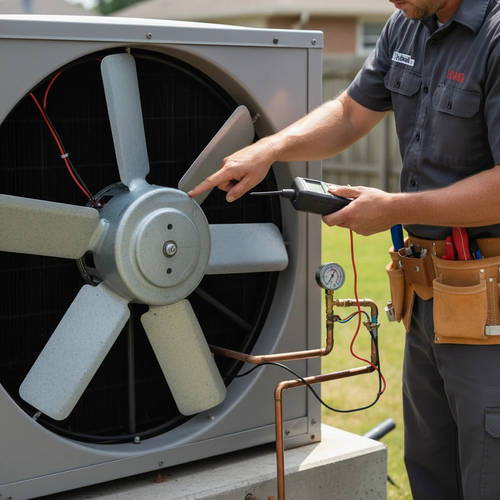 Close-up photo of a bent AC condenser fan blade, a common cause of banging noises