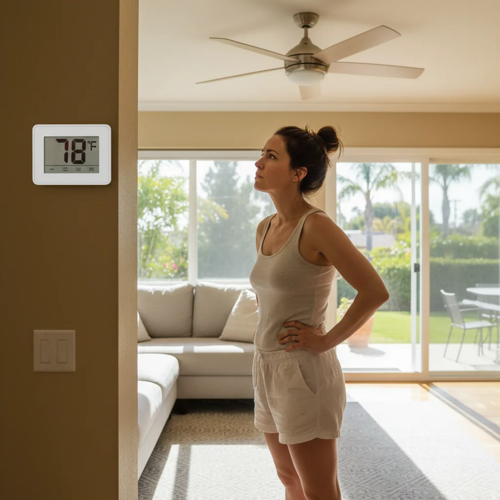 Homeowner checking thermostat set to 72 while room temperature reads 78 degrees