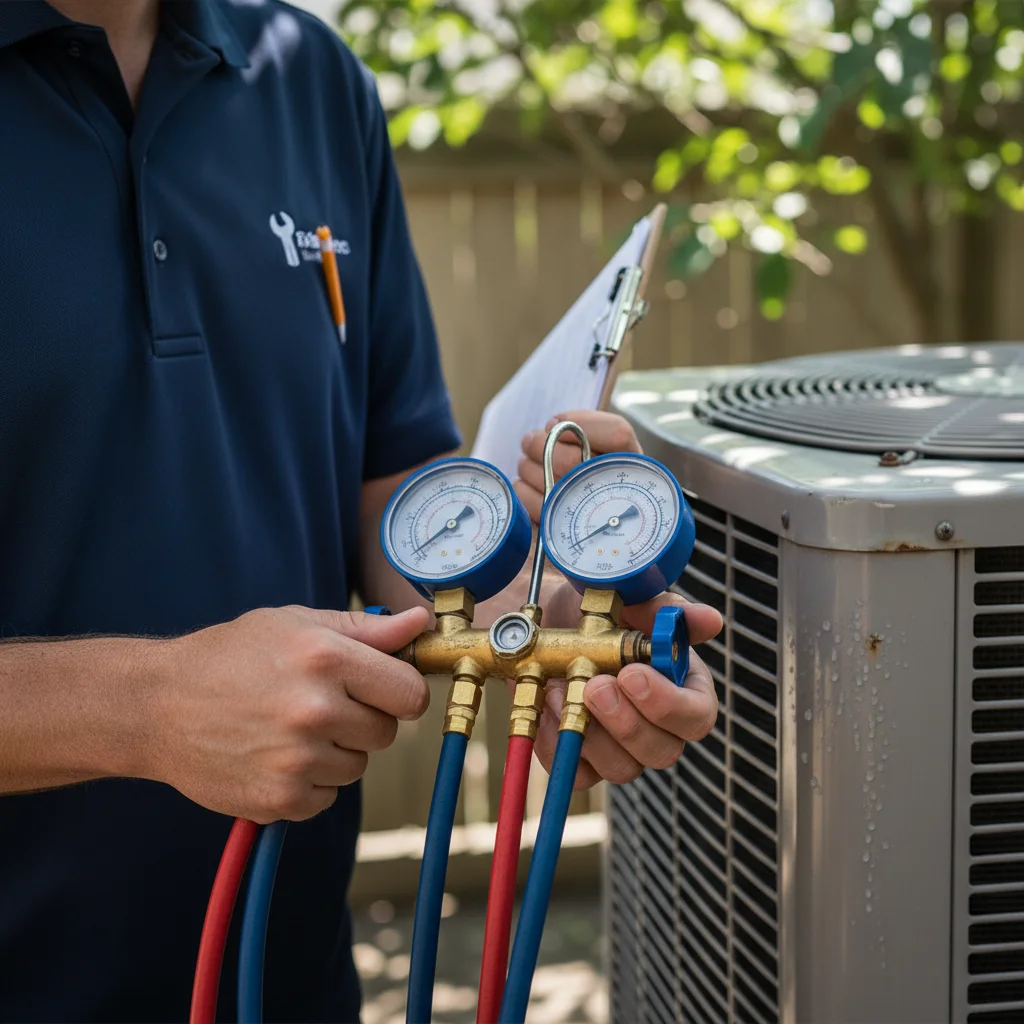 HVAC technician using gauges to read refrigerant pressure on an outdoor AC unit,