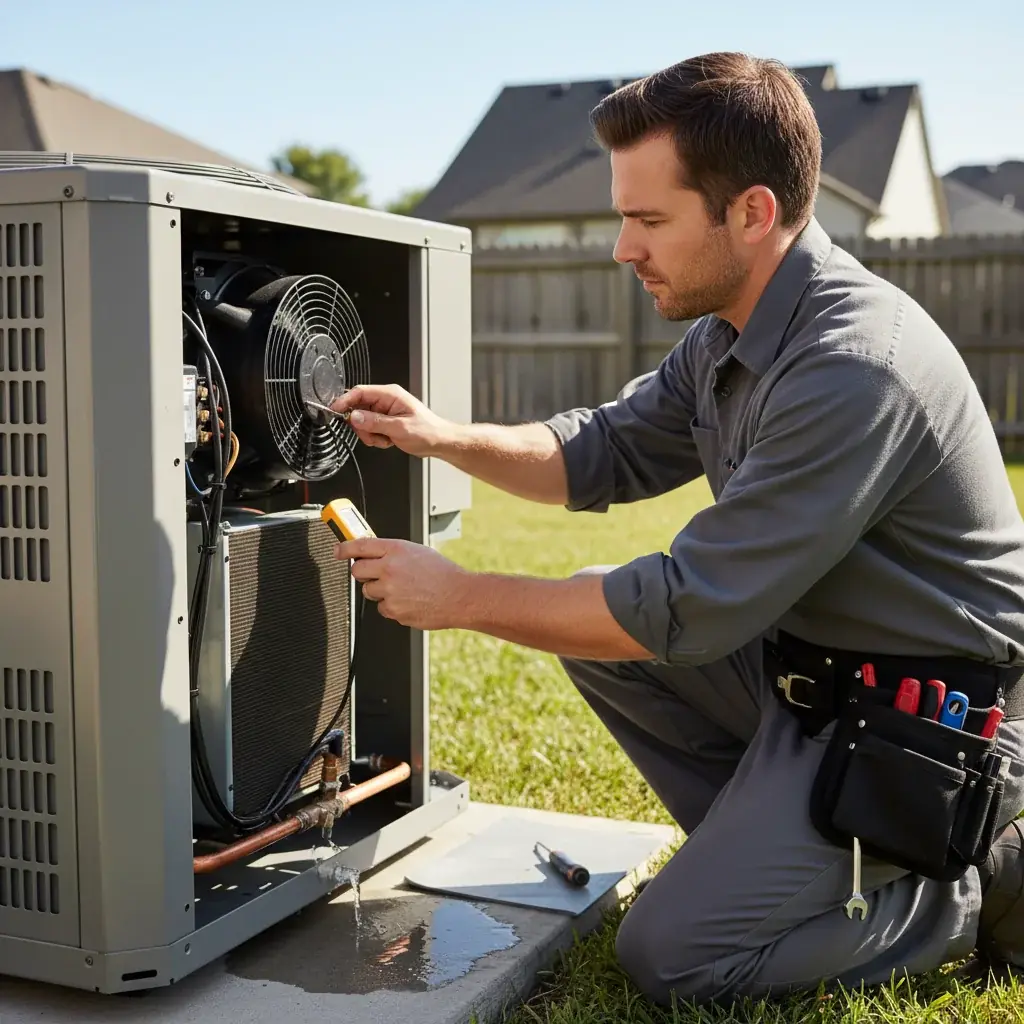 AC condenser unit running outside a San Diego inland home during a hot afternoon