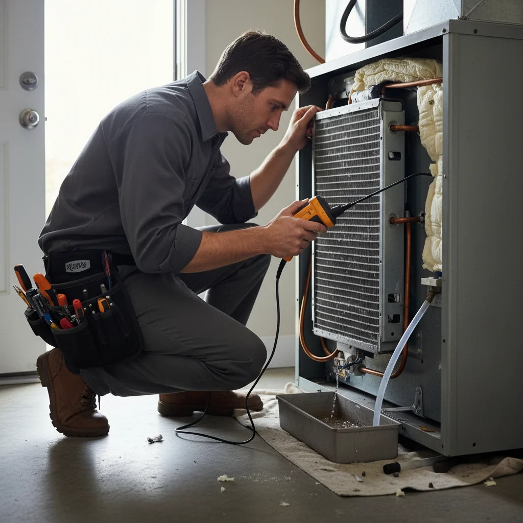 Technician using an electronic refrigerant leak detector on an AC evaporator coil.