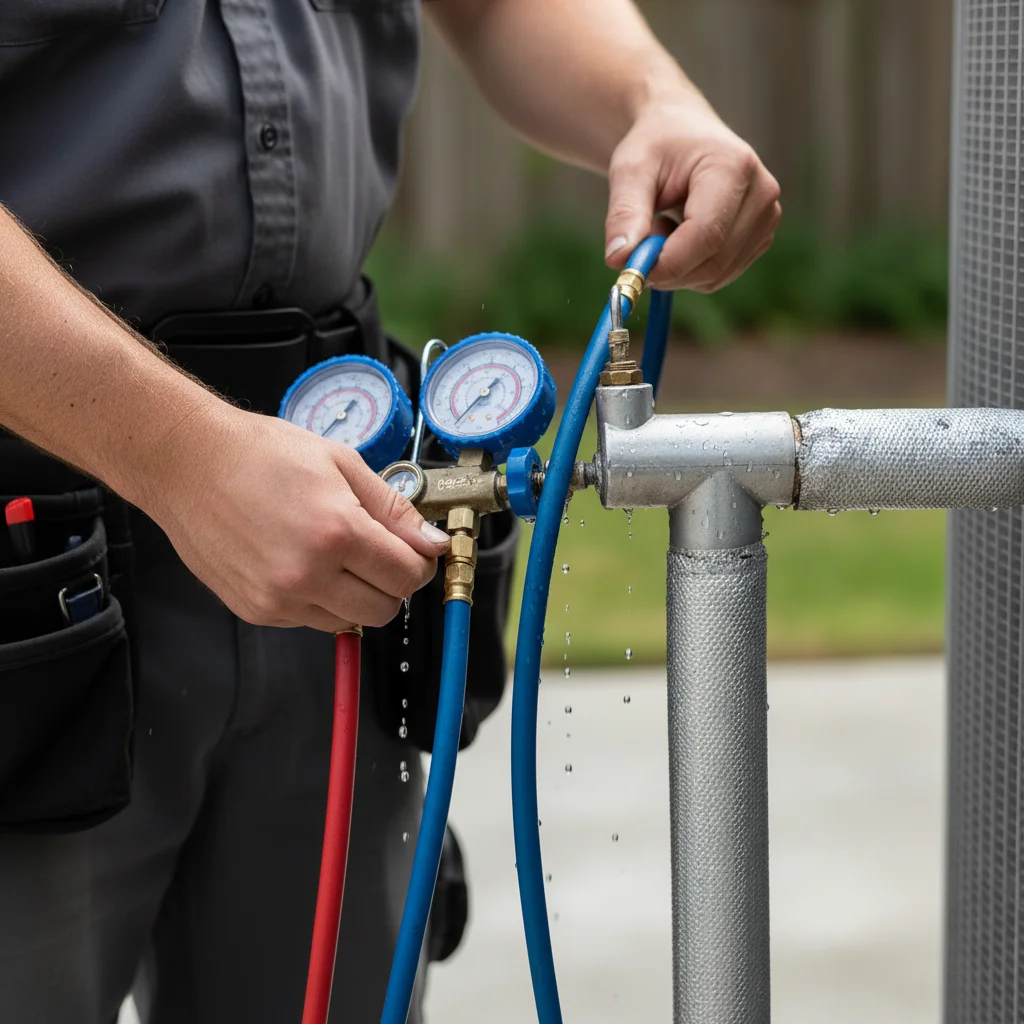 Close-up of a refrigerant gauge set connected to an AC service port showing low pressure on an AC unit.
