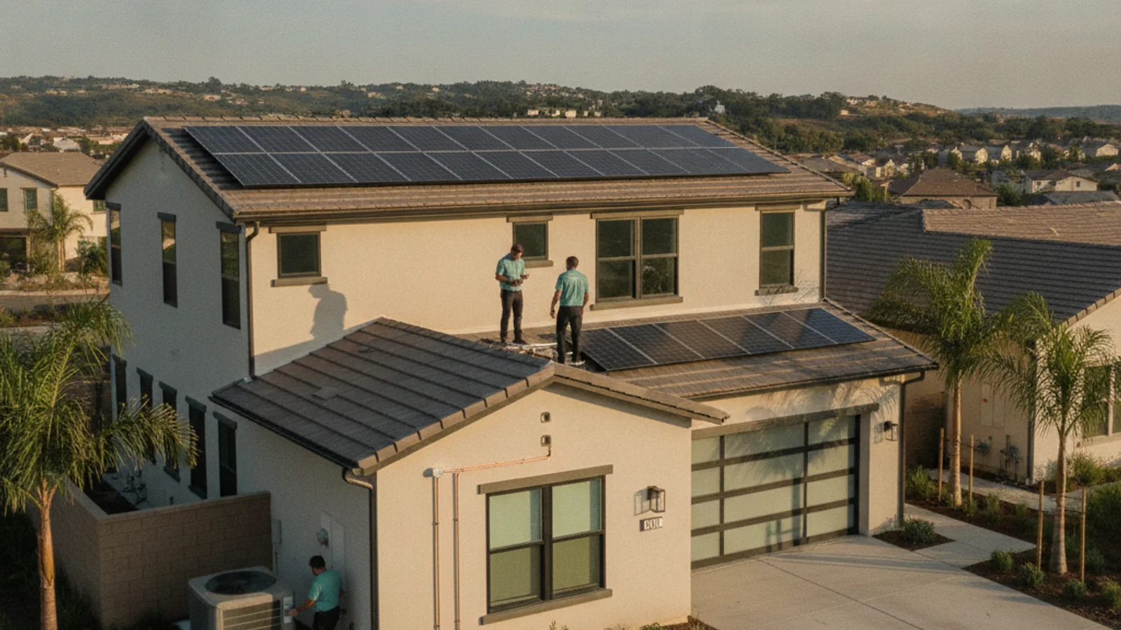 Modern two-story master-planned home in an inland San Diego community with a side-yard condenser and rooftop solar panels visible.