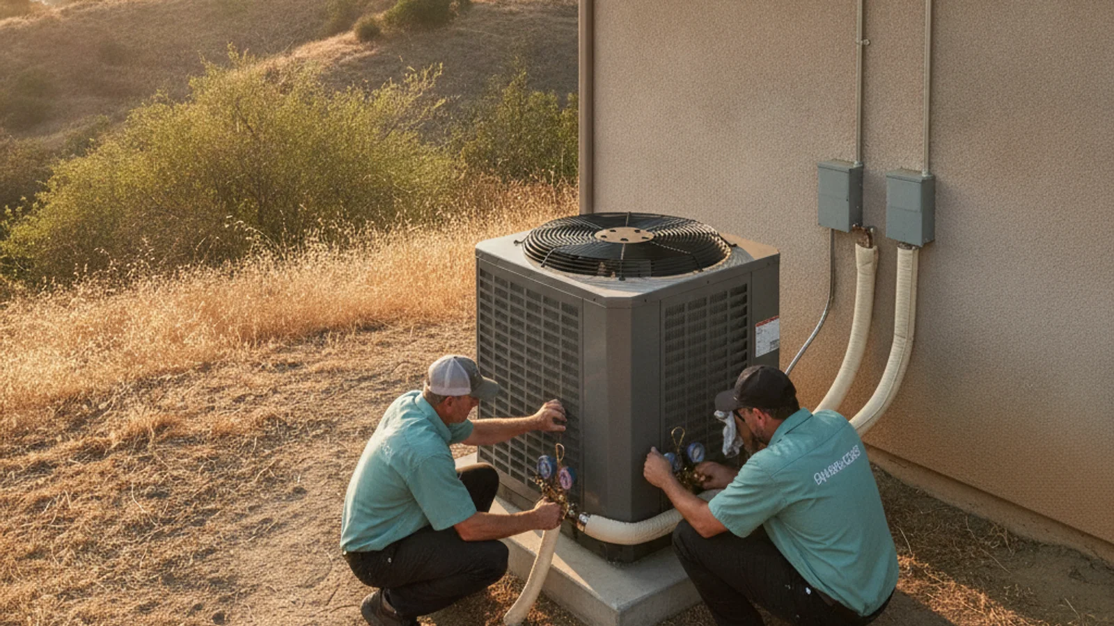 AC condenser unit outside an East County San Diego home in extreme summer heat with dry inland hillside landscape