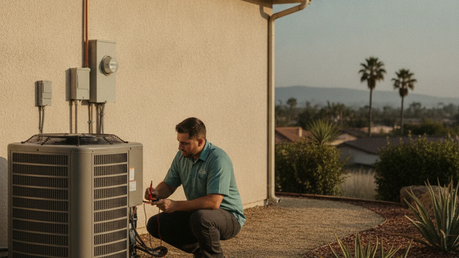 HVAC technician inspecting an outdoor AC condenser unit at a South Bay San Diego home on a hot summer afternoon