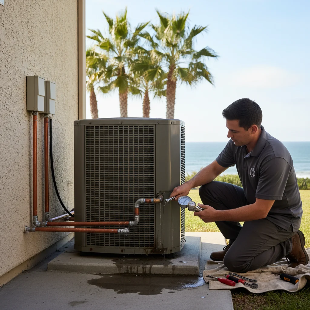 Outdoor AC condenser unit beside a coastal Carlsbad home with palm trees and stucco walls