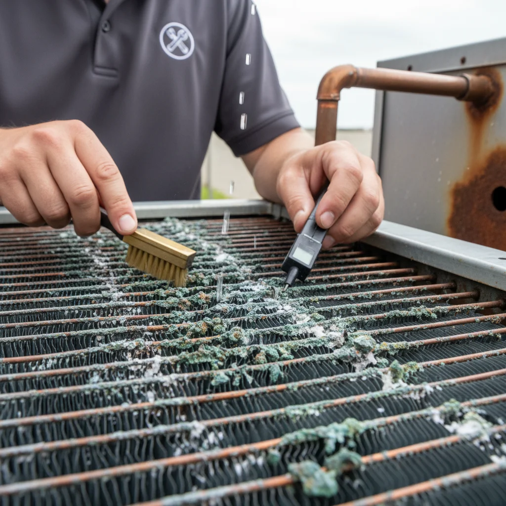 Close-up of corrosion patina on an AC condenser fin coil with salt residue visib