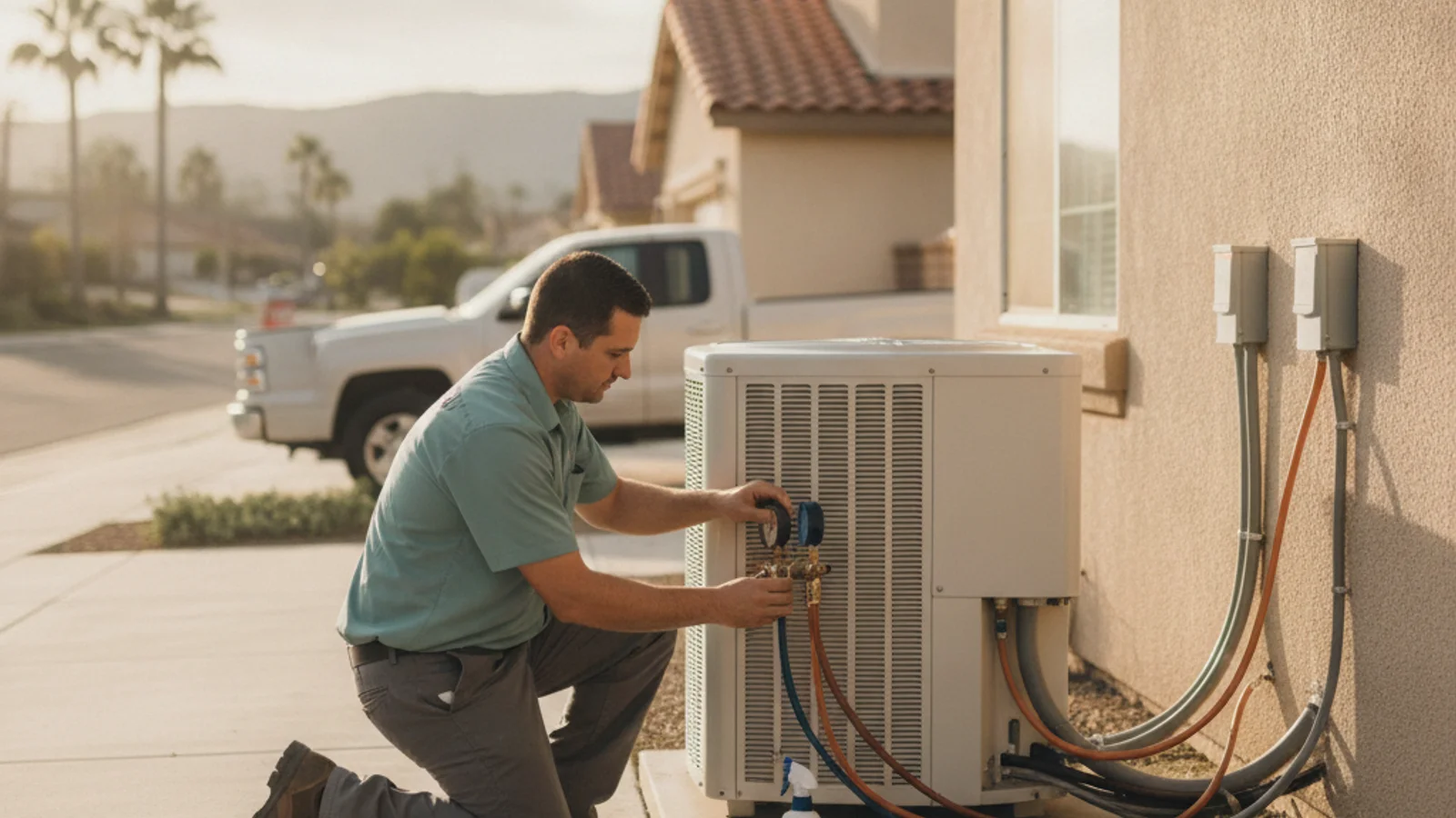 HVAC technician servicing a residential AC system in a Chula Vista driveway