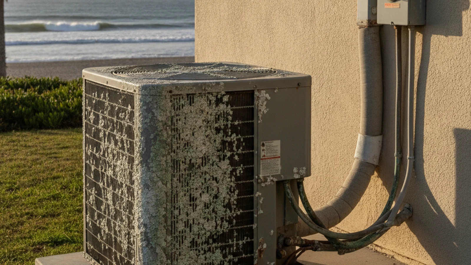 An AC condenser near a coastal San Diego property showing salt-air corrosion on the cabinet fins and corroded fasteners