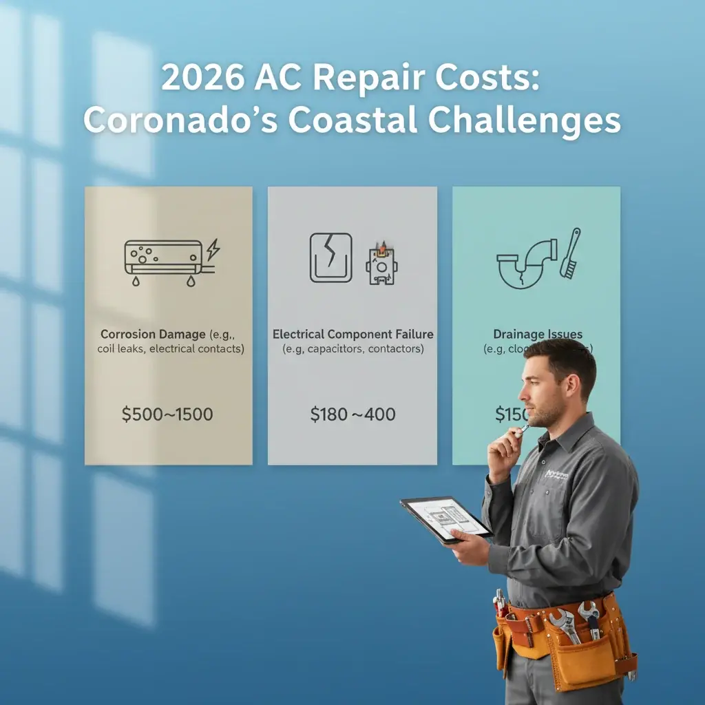 Un desglose visual de los costos típicos de reparación de AC en Coronado para 2026, categorizado por problemas comunes como corrosión, fallas eléctricas y fugas de refrigerante.
