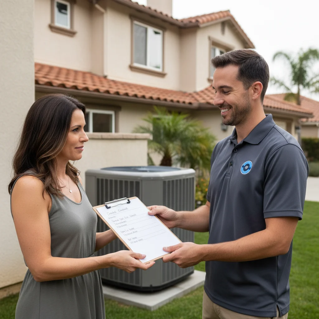 HVAC technician handing a written estimate to a homeowner in front of an outdoor AC unit at a San Diego home