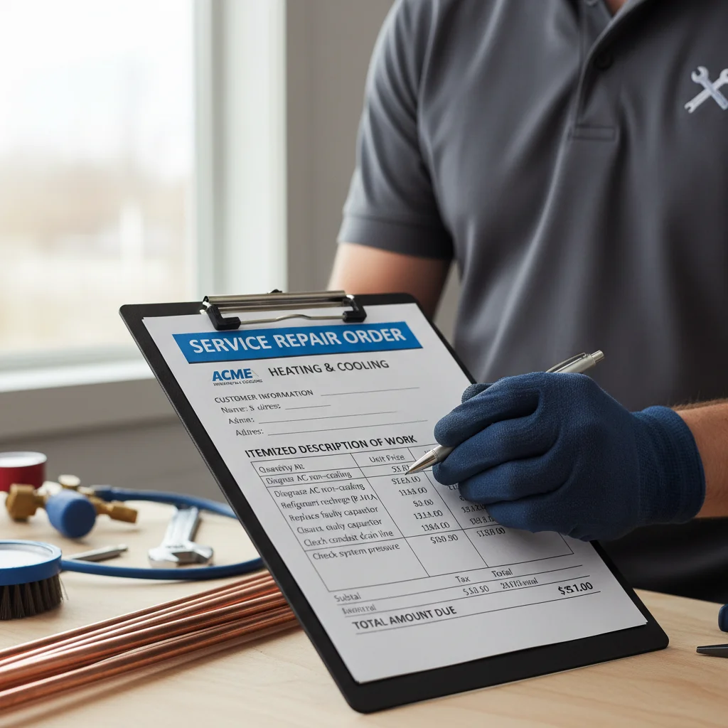 Close-up of a service invoice on a clipboard with itemized AC repair line items