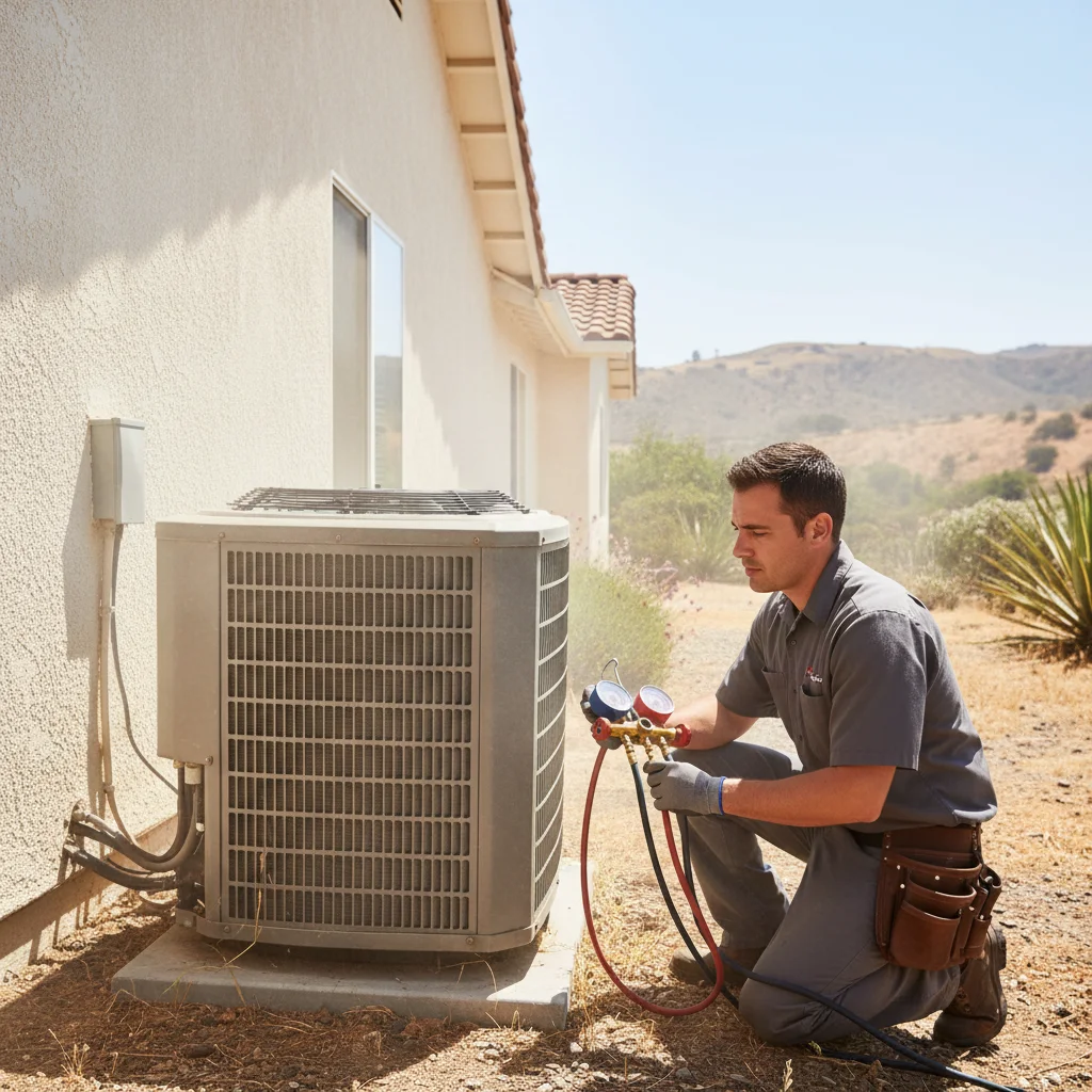 AC condenser running hard beside a stucco El Cajon home with brown East County hills in the background during a hot summer afternoon.