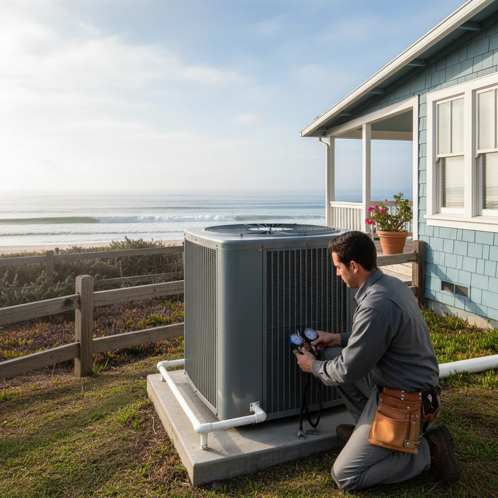 AC condenser next to a coastal Encinitas home with the ocean in the background