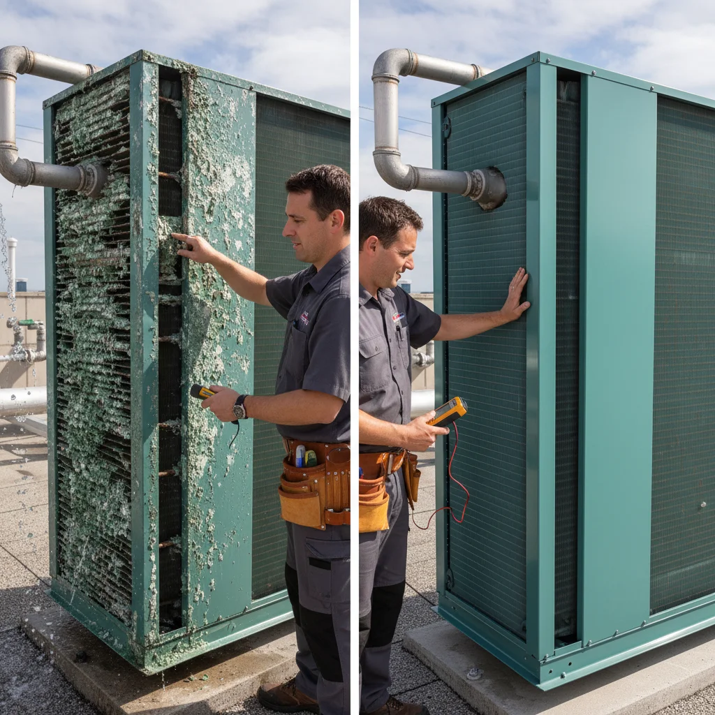 Comparison of a new coastal-coated AC coil and an old, salt-corroded coil