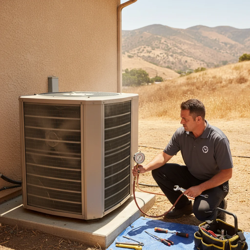 Outdoor AC condenser running hard beside a stucco Escondido home with hills in the background on a hot inland summer day
