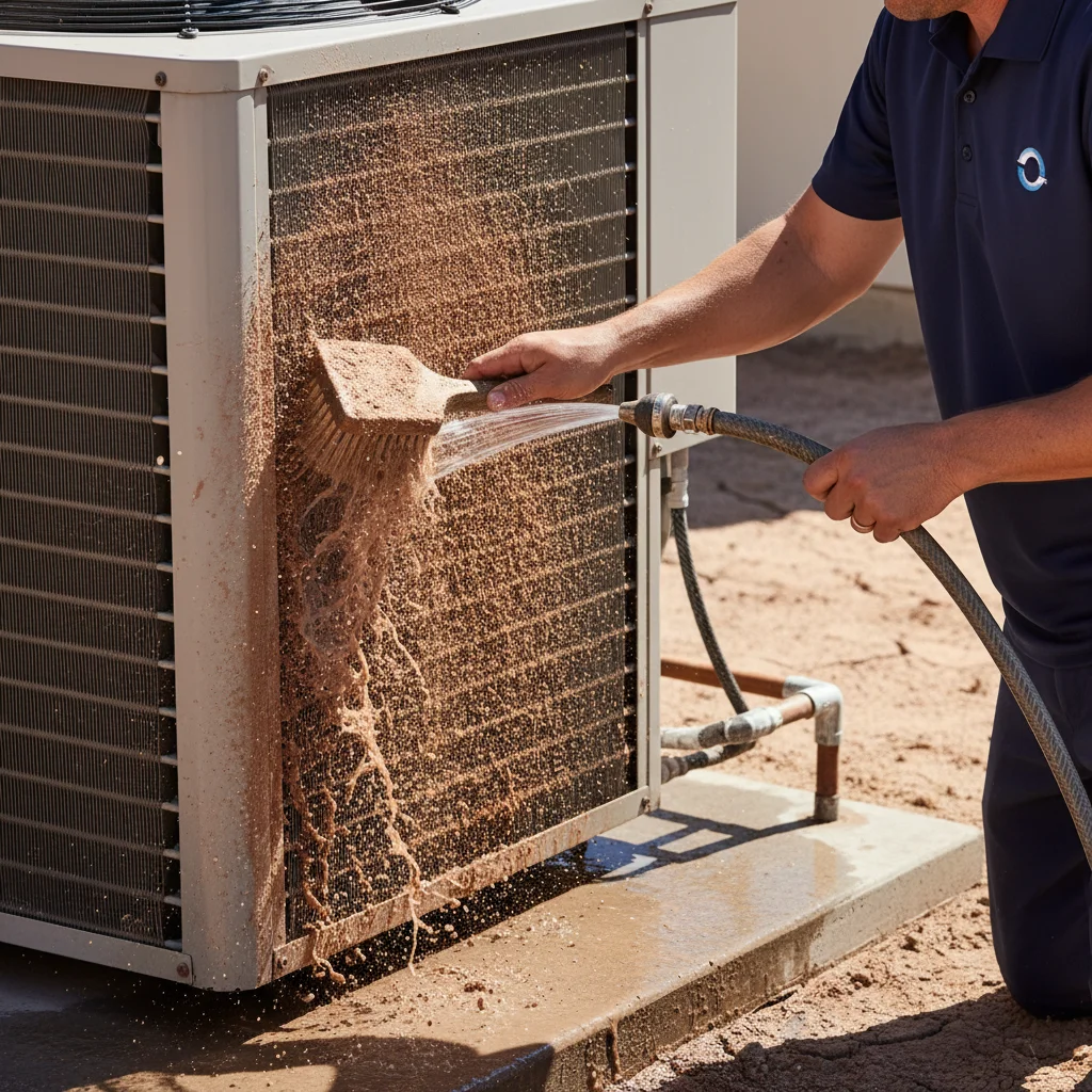 Technician cleaning a dust-clogged condenser coil with a soft brush and hose, inland desert dust visible on the fins
