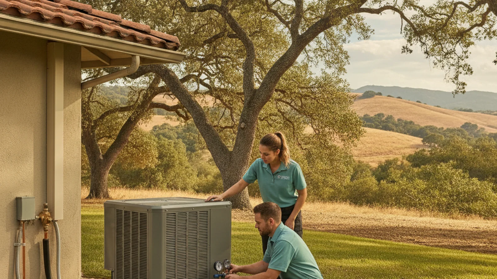 Rural Hidden Meadows property with a heat pump condenser on a pad next to a ranch-style home, oak trees and rolling hills in the background.