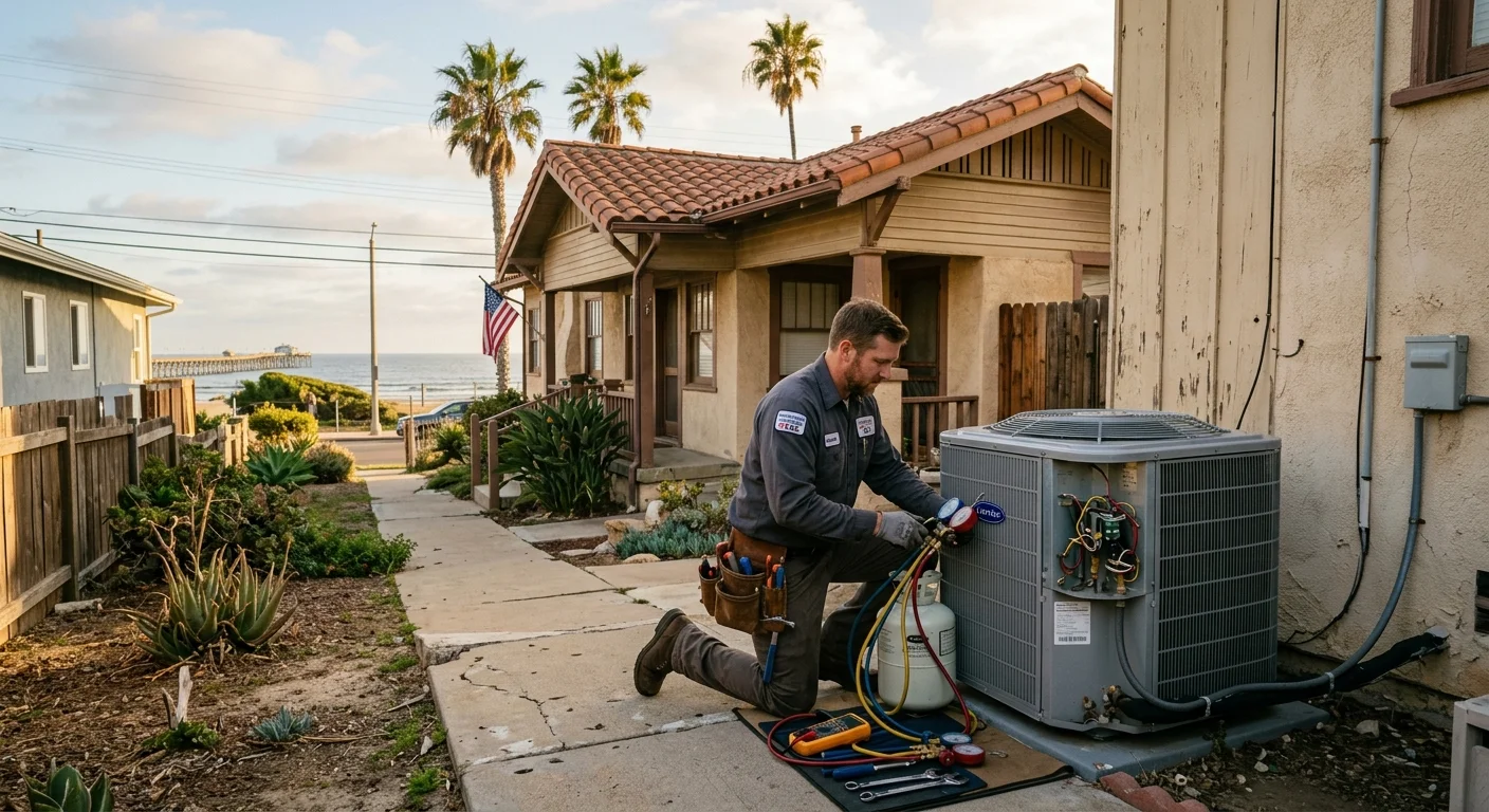 Older single-story Imperial Beach California home with an outdoor AC condenser visible