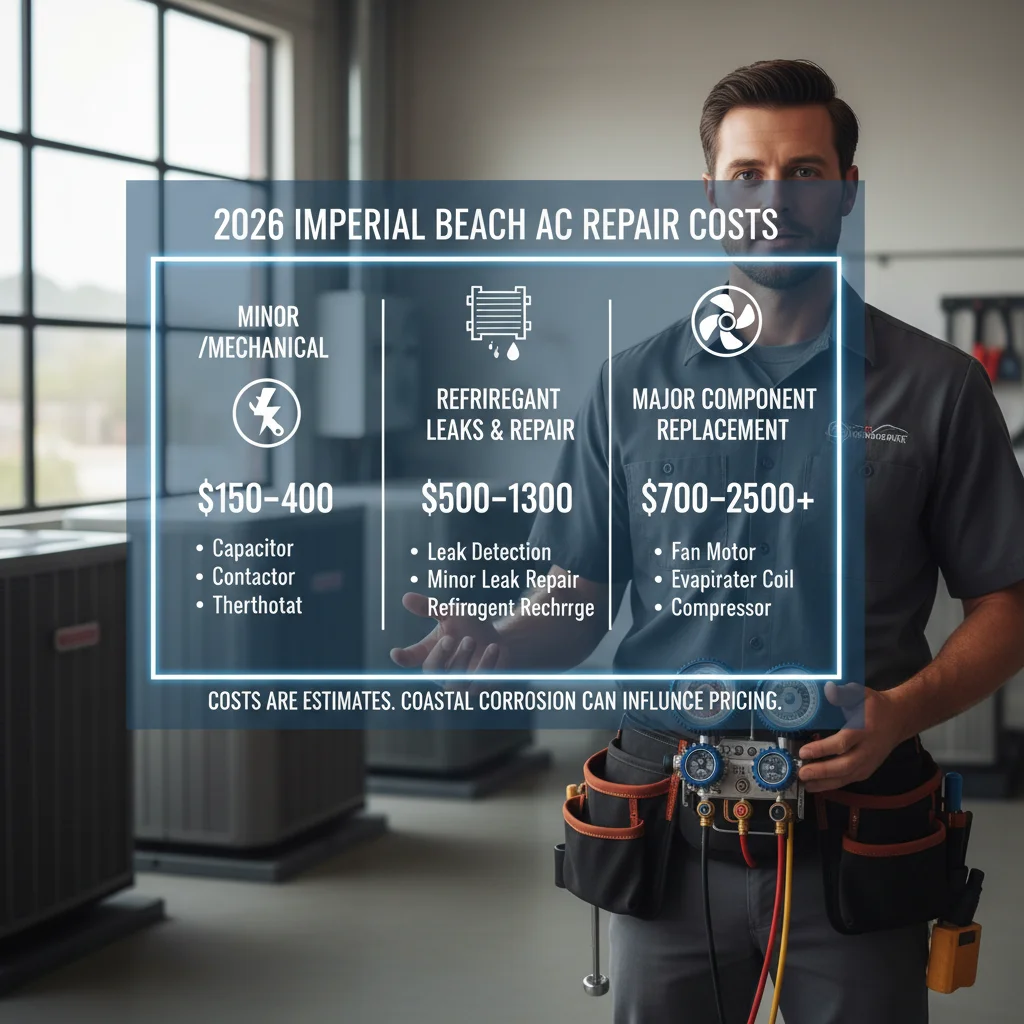 Infographic showing typical AC repair costs for common issues in Imperial Beach for 2026.