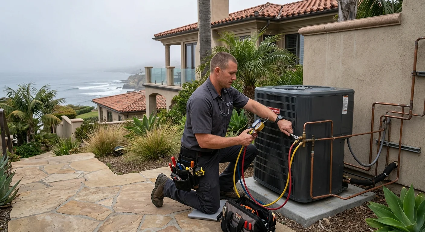 Outdoor AC condenser beside a coastal La Jolla condo