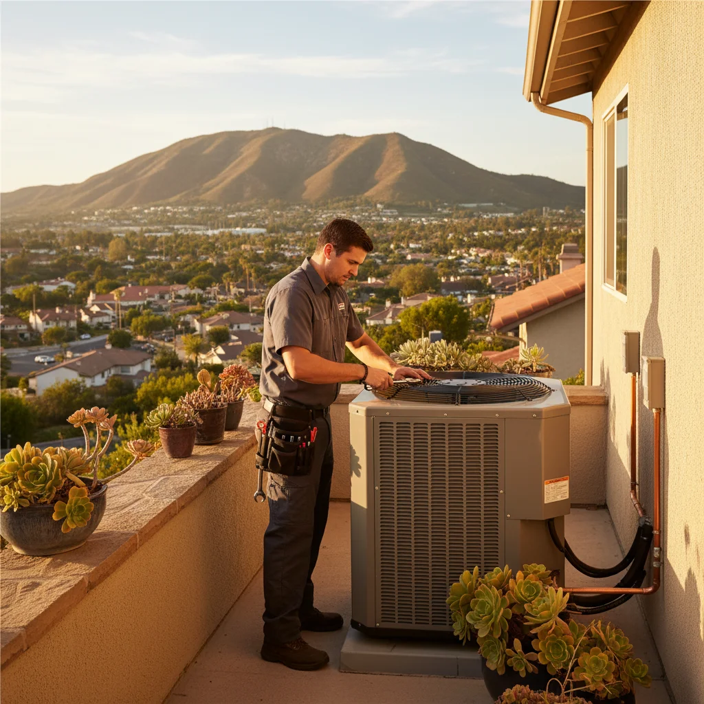 Hillside La Mesa home with an outdoor AC condenser visible on a side terrace, Mt. Helix in the background.