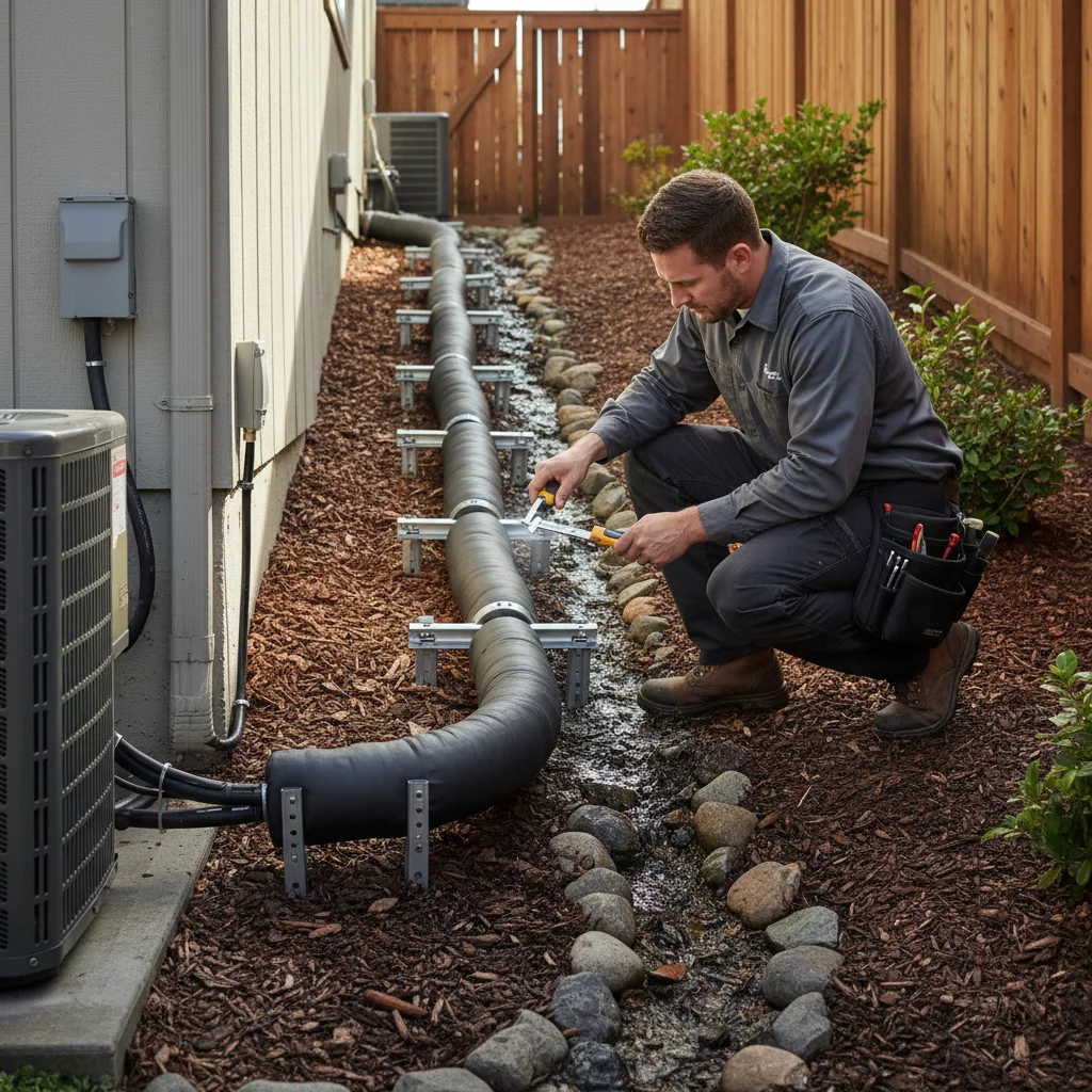Technician inspecting a long, properly insulated refrigerant line set on a sloped yard.